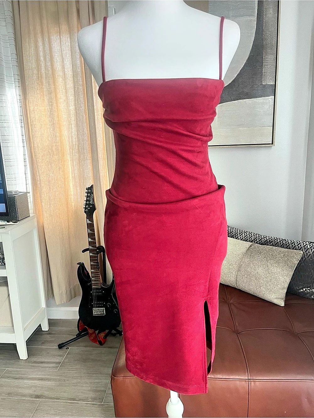 G by Guess Ruched Slit Midi Dress in Red Size Small/Medium Like New